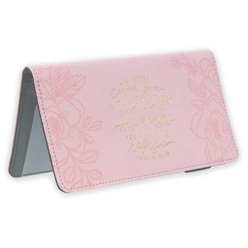 Christian Art Gifts Premium Vegan Leather Inspirational Scripture Checkbook Cover for Women: He Will Cover You Cute Bible Verse Accessory, Duplicate Checks, ID/Card Slots, Pen Loop, Pink Floral & Gold