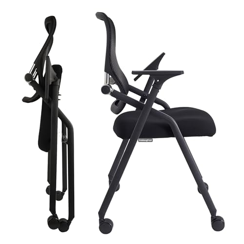 Image of Updated Conference Room Chairs, Folding Office Desk Chair with Lumbar Support and Sliding Armrest with Casters, Stackable Office Guest Chairs & Reception Chairs, 1 Pack Black