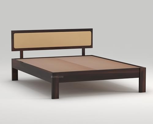 Image of SUNCOM Wooden Queen King Bed for Bedroom | Wooden Double Bed | Platform Cot Bed with Upholstered Cushioned Headboard | 6.5 x 6 Ft | Sheesham Solid Wood, Walnut Finish