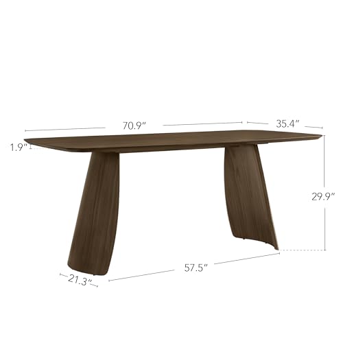Image of CHITA 71 inch Modern Dining Table for 6, Rectangle Wood Kitchen & Dining Room Table, Solid Rubberwood Frame, Bentwood Legs, Walnut Venner