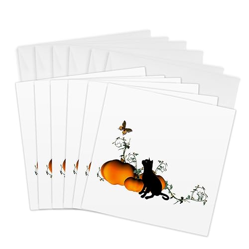 Cartes de vœux chat noir et citrouille 3dRose, lot de 6 cartes carrées de 15,2 cm