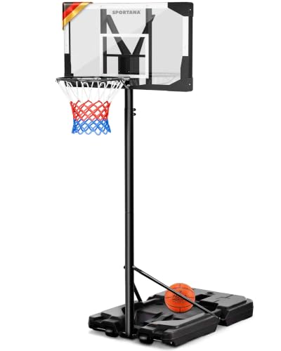 SPORTANA Canestro da Esterno Regolabile 135–305 cm, Base Riempibile 60 kg, Anello Ø45 cm, con Ruote, Struttura Resistente alle Intemperie
