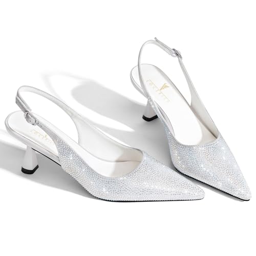 Image of LOCERICH Women's Kitten Heels Slingback Low Heel Dress Shoes Closed Toe Pumps Rhinestone Pointed Toe Sparkly Sling Back Bridal Wedding Party