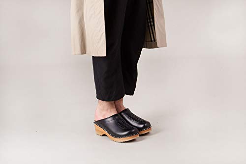 Image of Troentorp Clogs, Wright Bastad Leather Slip On Closed Toe Non Slip Womens Braided Swedish Wooden Clogs