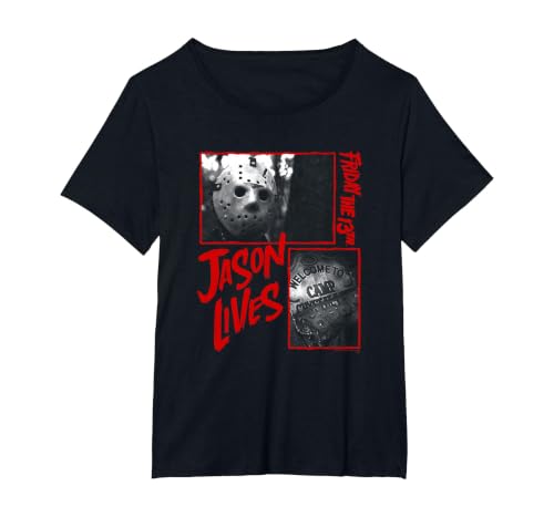 Friday the 13th Jason Lives Camp Collage T-Shirt, Women's Plus, Black, 4X