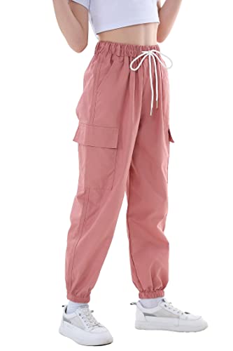 Mädchen Hip Hop Hose Kinder Cargo Hose Elastische Jogger für Streetwear Tanz(Hellrosa,170)