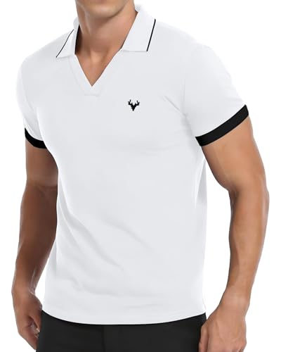 KUYIGO Men's Polo Shirts Short Sleeve Deer Head Embroidery Knitted V-Neck Golf Tops Slim Fit XL White