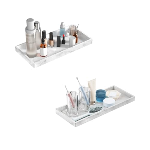 Image of BBK Bathroom Vanity Tray 7.8 in - 2 Pack(Small) Silicone Bathroom Tray for Counter, Perfume Key Trinket Ring Tray, Decor Soap Dispenser Countertop Tray for Kitchen Sink Organization (Faux Marble Look)