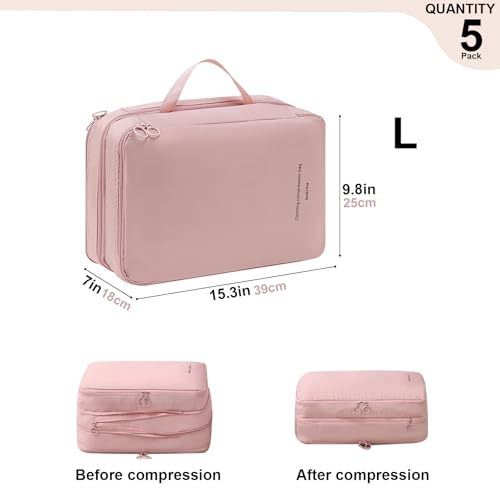 Double-Layered Compression Packing Cubes for Travel, Luggage Organizer Bags Compressible for Suitcase Packing Bag Travel Accessories, Pink, L2
