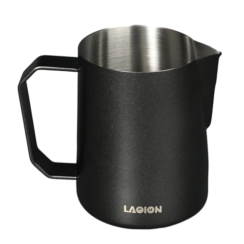 LAOION Milk Frother Cup Milk Frothing Pitcher, Stainless Steel Milk Steamer Cup for Espresso Machines, Barista Grade Latte Art Pitcher at home, Advanced Barista Approved Tools 15.2oz(450ml), Black