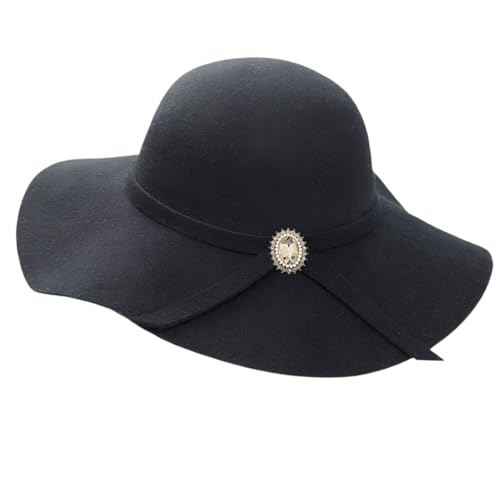 La mejor selección de Bombines para Mujer los mejores 10. 50 ASSQI Sombrero de fieltro de lana 100% para mujer, estilo fedora, ala ancha, estilo bombín, plegable (02-Negro)