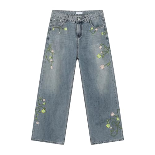 Men's Jeans Korean Style Flower Embroidery Contrast Color Loose Personalized Straight Denim Pants