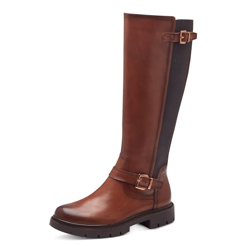 Tamaris COMFORT Damen Hohe Stiefel ohne Absatz mit Reißverschluss mit Schnallen, Braun (Cognac), 39 EU