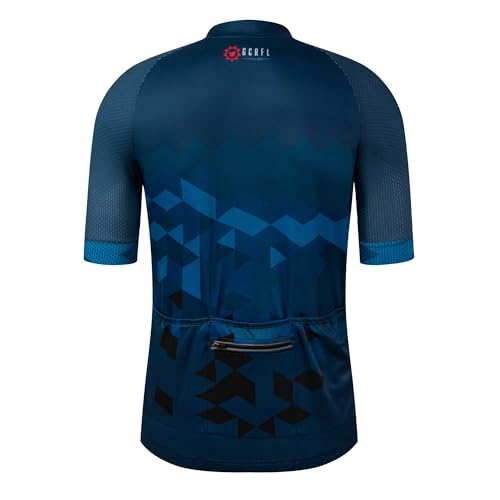 GCRFL Men's Cycling Jersey Short Sleeve Biking Shirt with 4 Rear Pockets Breathable Quick Dry Bicycle Jersey (Blue, Large)