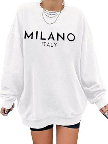 Womens Crewneck Oversized Sweatshirt Milano Preppy Graphic Pullover Casual Loose Long-Sleeve Tops MIL White X-Large