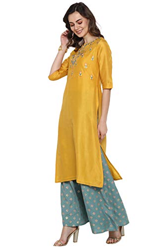 Image of Janasya Women's Yellow Poly Muslin Kurta With Palazzo and Dupatta