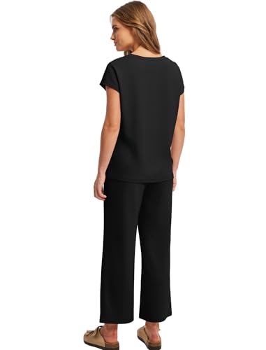 Image of Saloogoe Two Piece Sets for Women Summer Outfits Lounge Sets V Neck Tops Wide Leg Pants Woman Vacation Travel Outfits