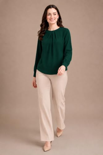 Image of Mirana Women's Full Sleeve Solid Top | Round Neck Pleated Front Regular Fit Office Casual Blouse with Button Cuffs