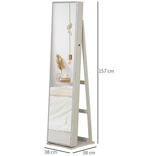 Miniatura 7 de Homcom Espejo Joyero De Pie Armario De Joyería Con 6 Luces Led Y Cerradura Organizador De Joyas Con Estantes Ranuras Para Anillos 38x38x157 Cm Blanco Con Veta De Madera