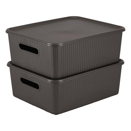 Image of Kolorr Ribbed Baskets Medium Pack of 2 With 2 Standard Lid (Non-Airtight Loose-Fit Cover) Multipurpose Plastic Storage Baskets For Cloths Wardrobe Home Kitchen & Livingroom I Dark Brown
