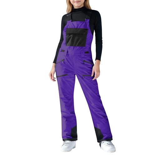 VOGFFR Girls Snow Bibs,Girls Boys Snow Pants Kids Insulated Bib Overalls Fashion Waterproof Ski Bibs Snowboard Outfit with Adjustable Strap Purple