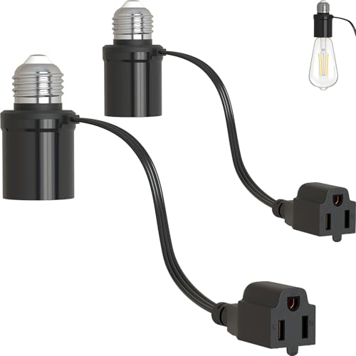 Light Socket Outlet Adapter, 3 in 1 Light Socket to Plug Adapter, Convert E26/E27 Bulb Socket to 3 Prong Outlet with Extension Cord, Suitable for Outdoor Porch Patio Garage 2-Pack