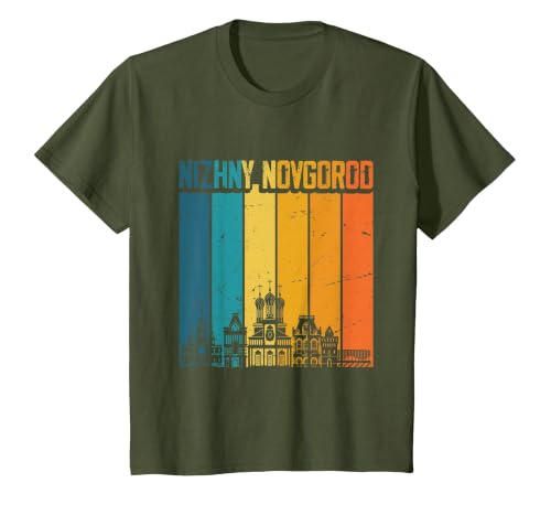 Nizhny Novgorod Russia Retro Vintage Sunset Skyline T-Shirt, Youth, Olive Green, Small