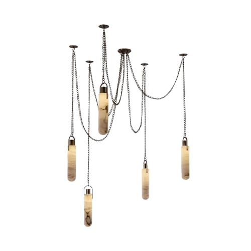 RUIBO Alabaster 5 Light LED Multi-Drop Hanging Pendant Lighting,Cylinder Natural Marble Multi Light Pendant Lights,Living Dining Room Loft Bedroom Modern LED Hanging Lamps(E14)