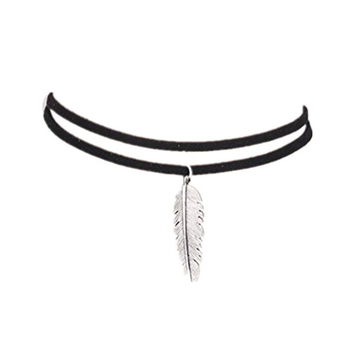 BESTOYARD Colar de penas de veludo preto com pingente de folha de prata