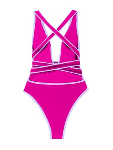 Image of Lilosy Sexy One Piece Swimsuit Women Plunge Bathing Suits Hot Pink Purple M
