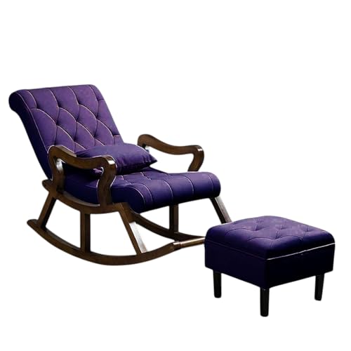 Image of CRAFTCITY Sheesham Wood Elegant Chair with Pillow and Matching Foot Stool /Living Room Chair /Rose Wood Rocking Chair,Pre-Assembled (Purple, Rocking Chair with Ottoman)