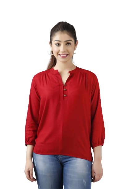 Image of Women's 3 /4 Sleeves Mandarin Neck Solid Rayon Casual Tops for Ladies