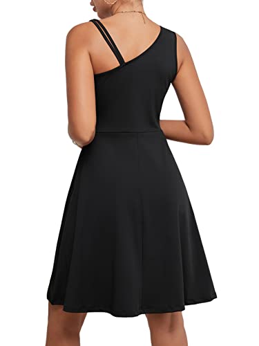 Lyaner Women's One Shoulder Dress A Line Swing Flared Skater Cocktail Mini Dress Black Medium #TOP1