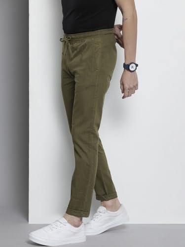 Image of The Indian Garage Co Men Slim Fit Solid Mid-Rise Elasticated Linen Jogger Trouser
