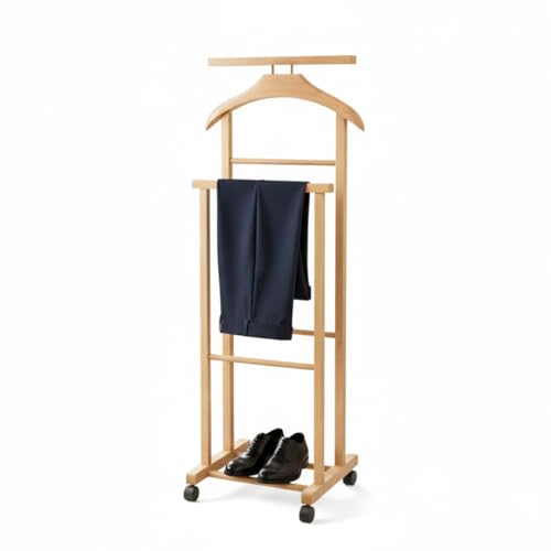 Mottiwood Indossatore Doppio con Appendi Pantalone, Appendiabiti Da Camera, 100% Legno Faggio, Servo Muto Doppio con 4 Ruote, Color Naturale, Made in Italy