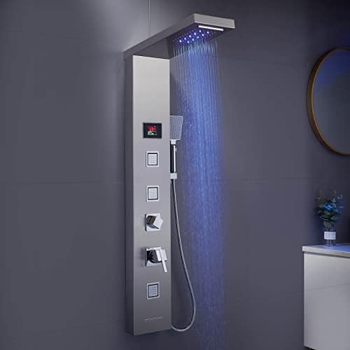 ROVOGO LED Rainfall Waterfall Shower Panel with 3 Body Jets, Handheld and Tub Spout, No Battery Needed LED Shower Tower with Temperature Display, Stainless Steel Brushed