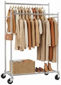 Clothes Rack, Double Rods Rolling Clothing Rack for Hanging Clothes, Portable Garment Rack with Wheels, Coat Rack Wardrobe Closet Load 380 LBS for Bedroom Laundry Room, Black