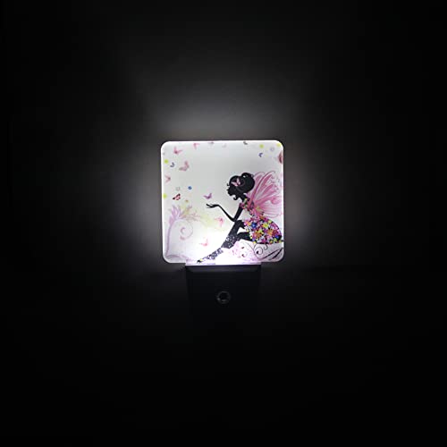 Fashion Led Night Lights Plug Into Wall With Auto Dusk To Dawn Sensor, Fairy Girl With Wings In A Floral Dress Fantasy Garden Flying Butterflies, Smart Night Lights For Kids Bathroom Nursery Decor #TOP1