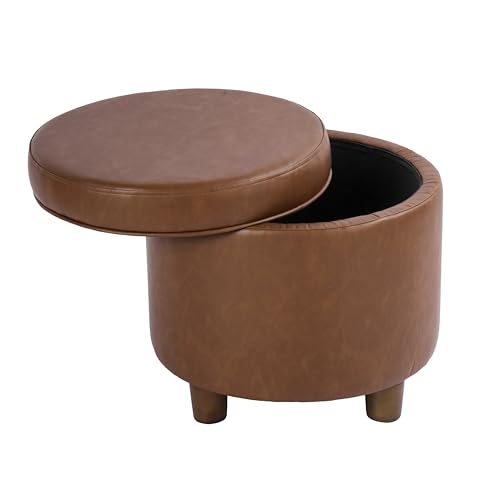 Image of HomePop 19 inch Round Storage Ottoman - Chestnut Brown Faux Leather