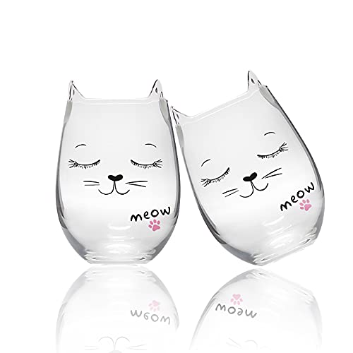 Hirdbrote Stemless Wine Glasses Drinking Glasses Wine Gifts For Women Funny Wine Glass Carafe, Cat Ear Water Cute Beer Gifts For Juice Cups Bridal Shower Gift 16oz (Quiet x2)