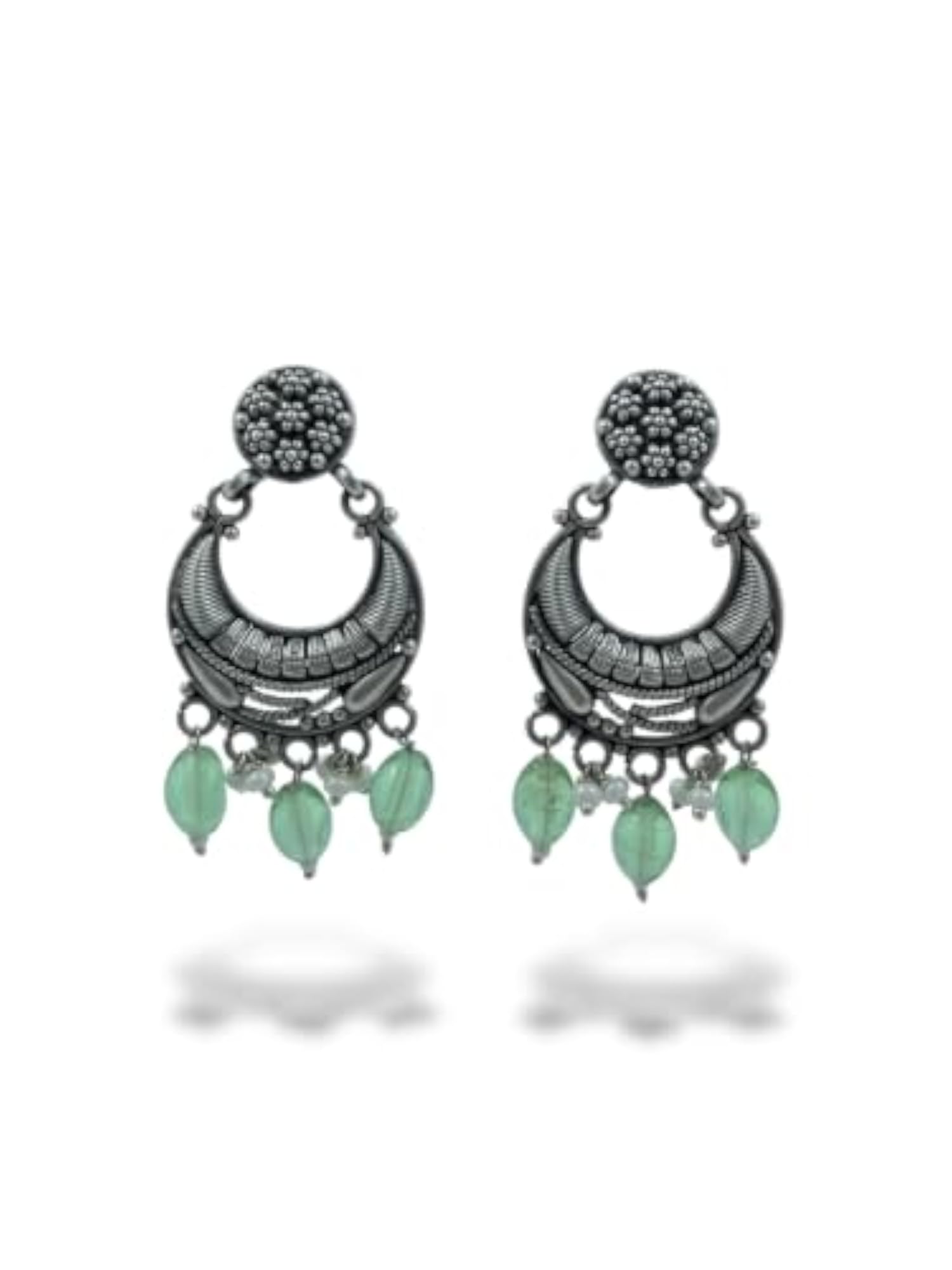 Women's 925 Silver Phool Textured Oxidised Chandbali Earrings