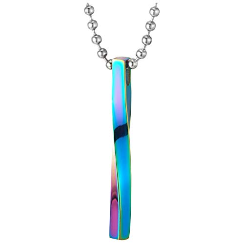 COOLSTEELANDBEYOND Mens Womens Steel Rainbow Oxidized Twisted Cuboid Bar Pendant Necklace, 23.6 in Ball Chain, Stylish