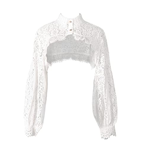 ZARSIO Women Long Sleeve Lace Shrug Bolero Shawl Short Cardigan Fake Collar (White)