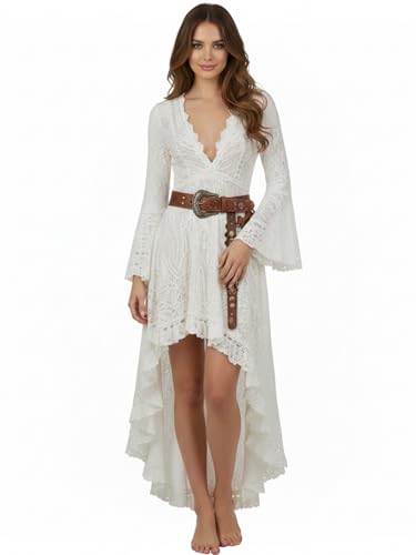 Seven Spring Women's White Lace High Low Dress V-Neck Long Sleeve Boho Western Bridal Shower Outfit White (Medium)