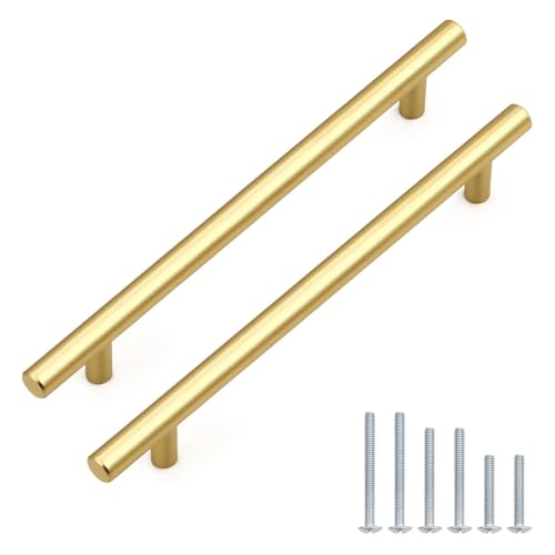 Probrico 50 Pack Hole Centers (160mm) 6.3inch Stainless Steel Polished Gold Cabinet Pulls Gold Kitchen Cabinet Handles Round T Bar Pull Handle for Cabinets and Drawers Total Length 8.8inch(224mm)
