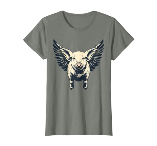 Flying Pig with Wings Fly Pig Lovers T-Shirt, Women, Olive Heather, Large