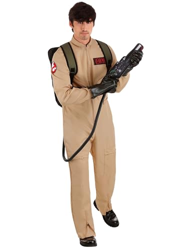 Disfraz de Halloween de los Cazafantasmas de lujo para adultos, uniforme de Cazafantasmas para hombre con paquete de protones y etiquetas de nombre clásicas, Marrón, Medium