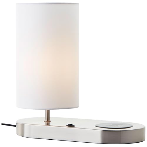 Brilliant Lampe de table moderne avec support basculant intégré, chargement sans fil par chargeur à induction et abat-jour en tissu blanc – Idéal pour...