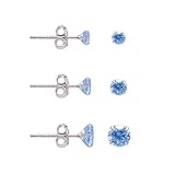 3 Pairs Blue Cubic Zirconia Earrings Studs, Sterling Silver Studs Earrings Set 3MM 4MM 5MM