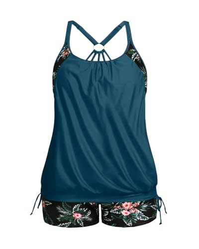 Image of Holipick Plus Size Tankini Swimsuits for Women Two Piece Tummy Control Bathing Suit Blouson Tankini Top with Shorts